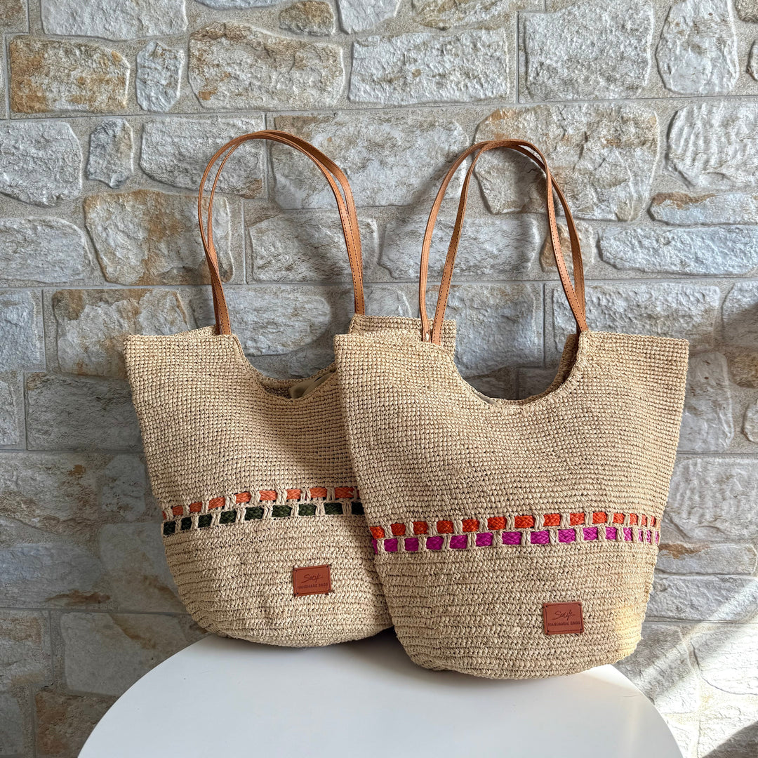 Zola SOOK - Borsa in rafia naturale fatta a mano - fucsia e arancione