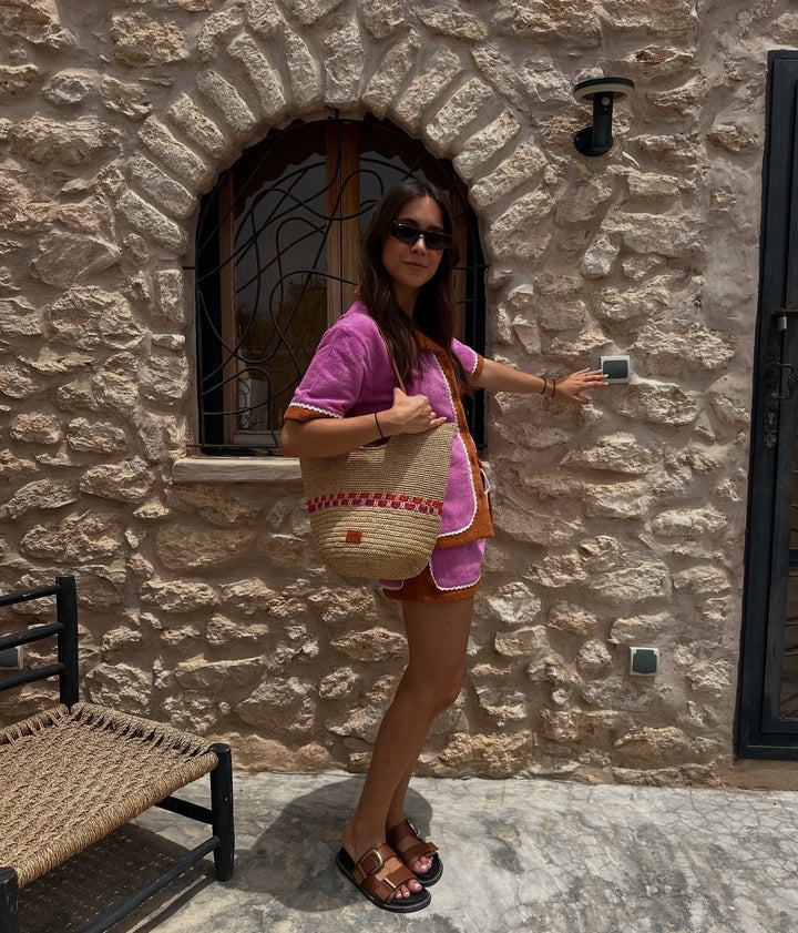 Zola SOOK - Borsa in rafia naturale fatta a mano - fucsia e arancione