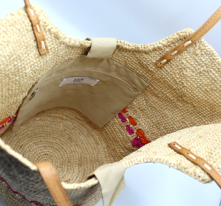 Zola SOOK - Borsa in rafia naturale fatta a mano - fucsia e arancione