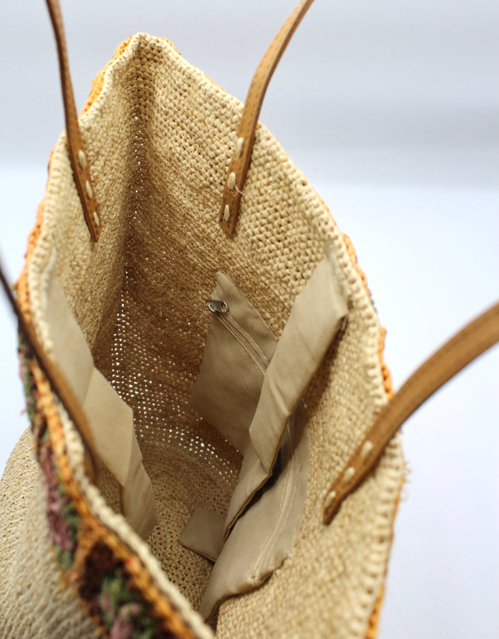Flora SOOK - Borsa in rafia naturale fatta a mano con fiori ambra