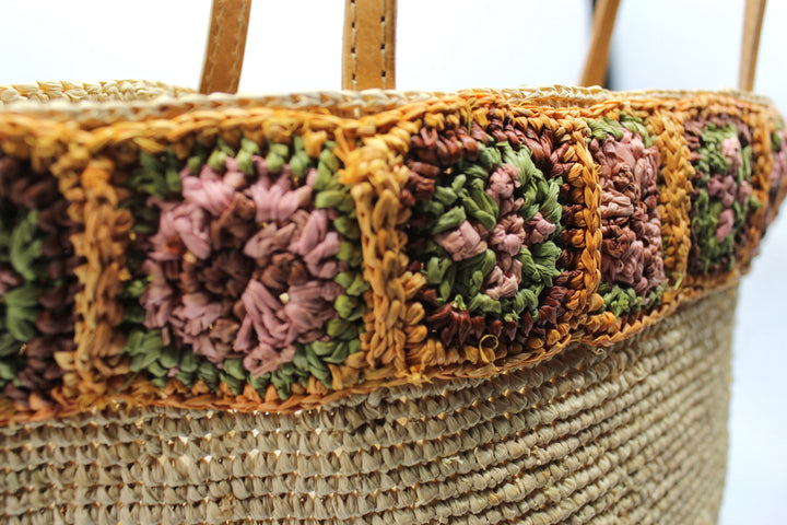 Flora SOOK - Borsa in rafia naturale fatta a mano con fiori ambra