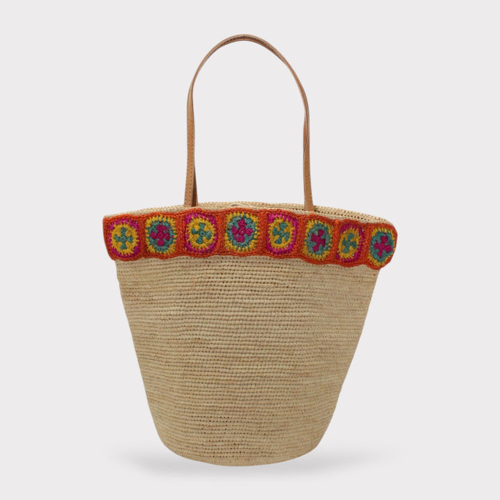 Flora SOOK - Borsa in rafia naturale fatta a mano con fiori arancioni
