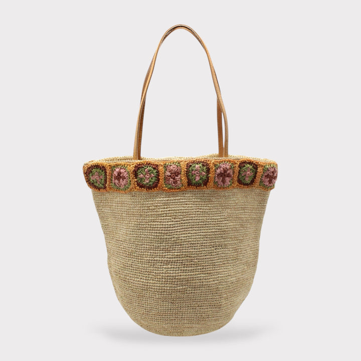 Flora SOOK - Borsa in rafia naturale fatta a mano con fiori ambra