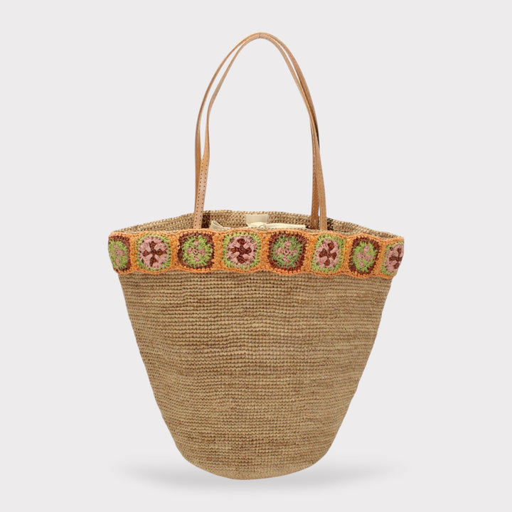 Flora SOOK - Borsa in rafia naturale fatta a mano con fiori ambra