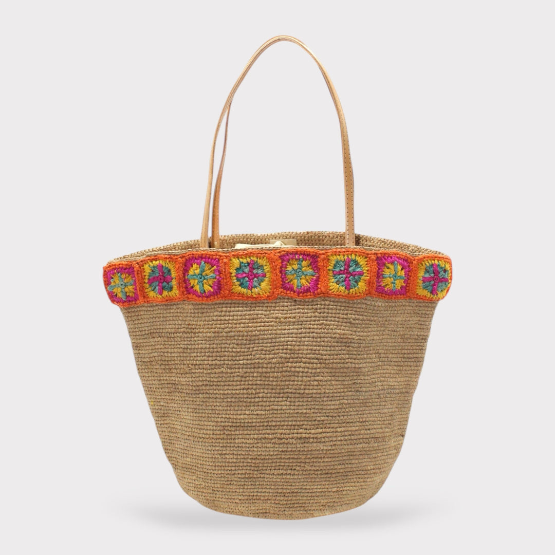 Flora SOOK - Borsa in rafia naturale fatta a mano con fiori arancioni