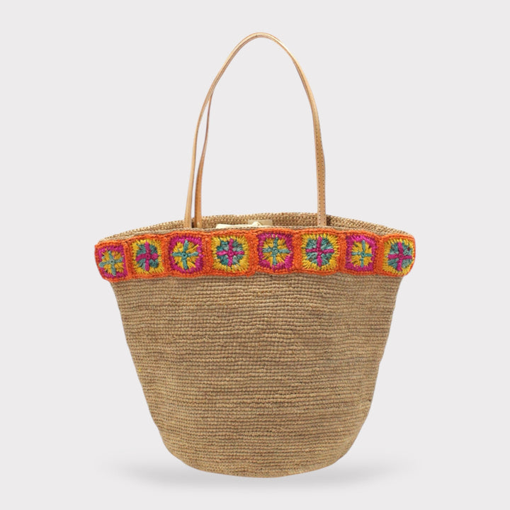 Flora SOOK - Borsa in rafia naturale fatta a mano con fiori arancioni