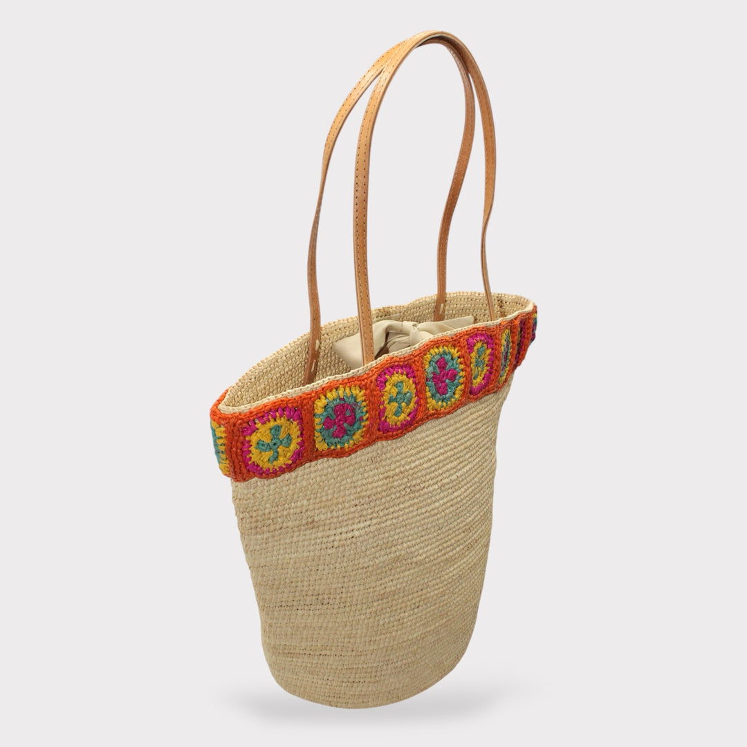 Flora SOOK - Borsa in rafia naturale fatta a mano con fiori arancioni