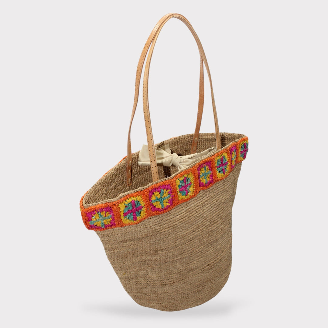Flora SOOK - Borsa in rafia naturale fatta a mano con fiori arancioni