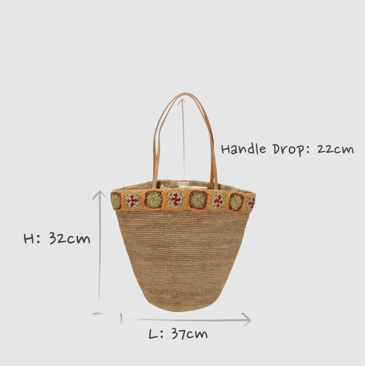 Flora SOOK - Borsa in rafia naturale fatta a mano con fiori ambra