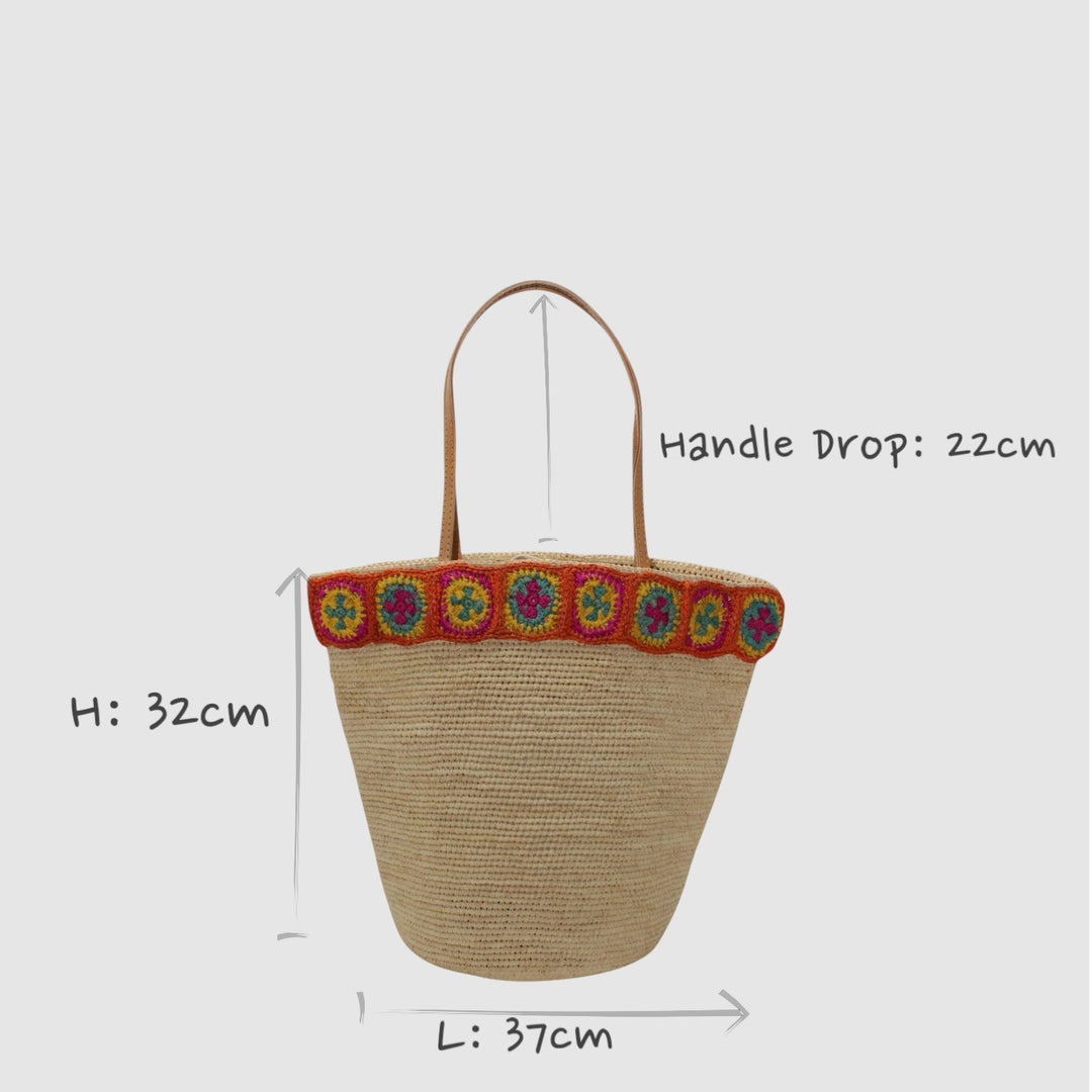 Flora SOOK - Borsa in rafia naturale fatta a mano con fiori arancioni