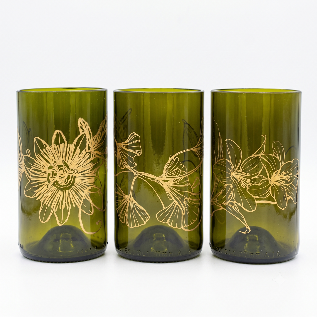 Botanic Flow – set di 3 bicchieri in vetro recuperato da 350 ml
