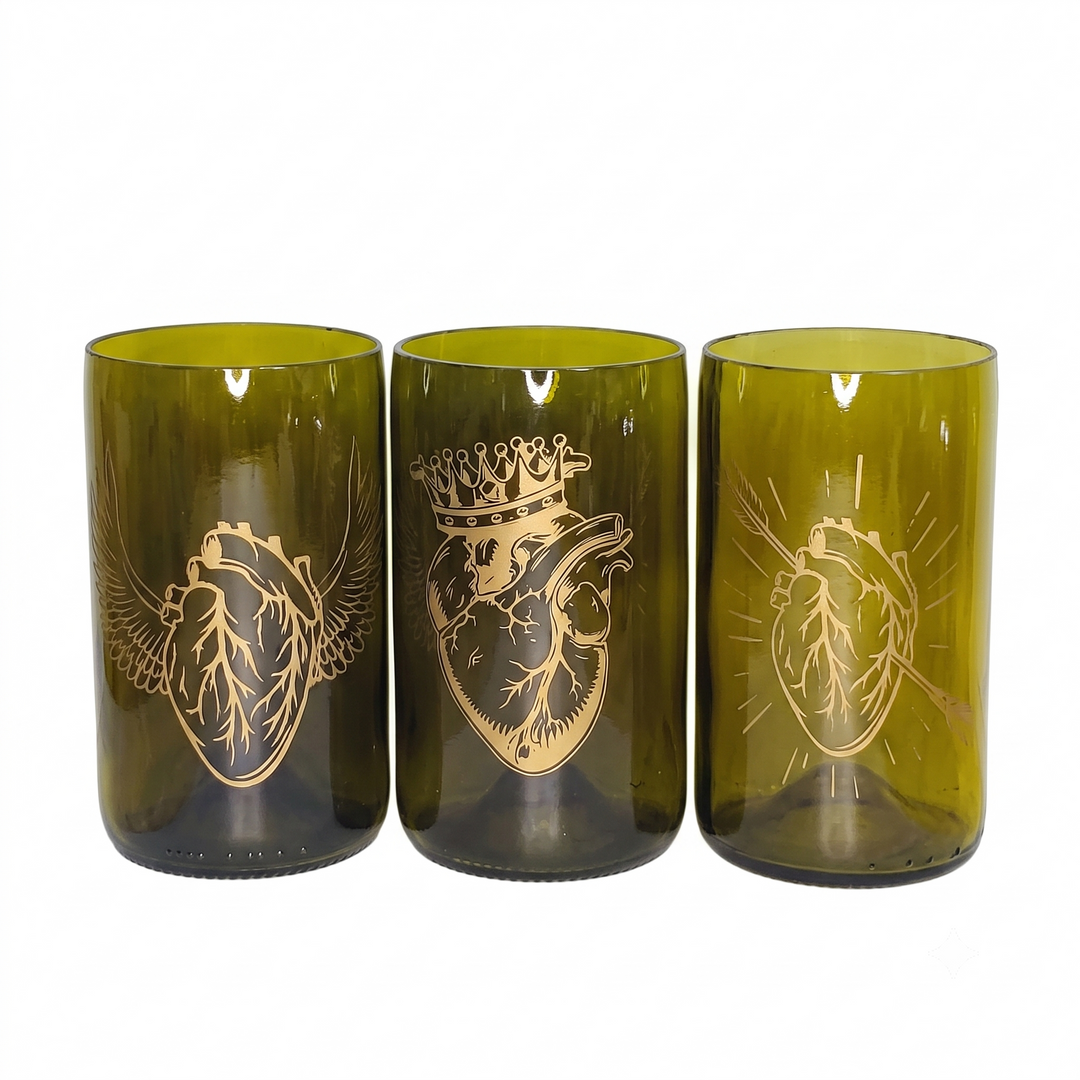 Cuore – set di 3 bicchieri in vetro recuperato da 350 ml