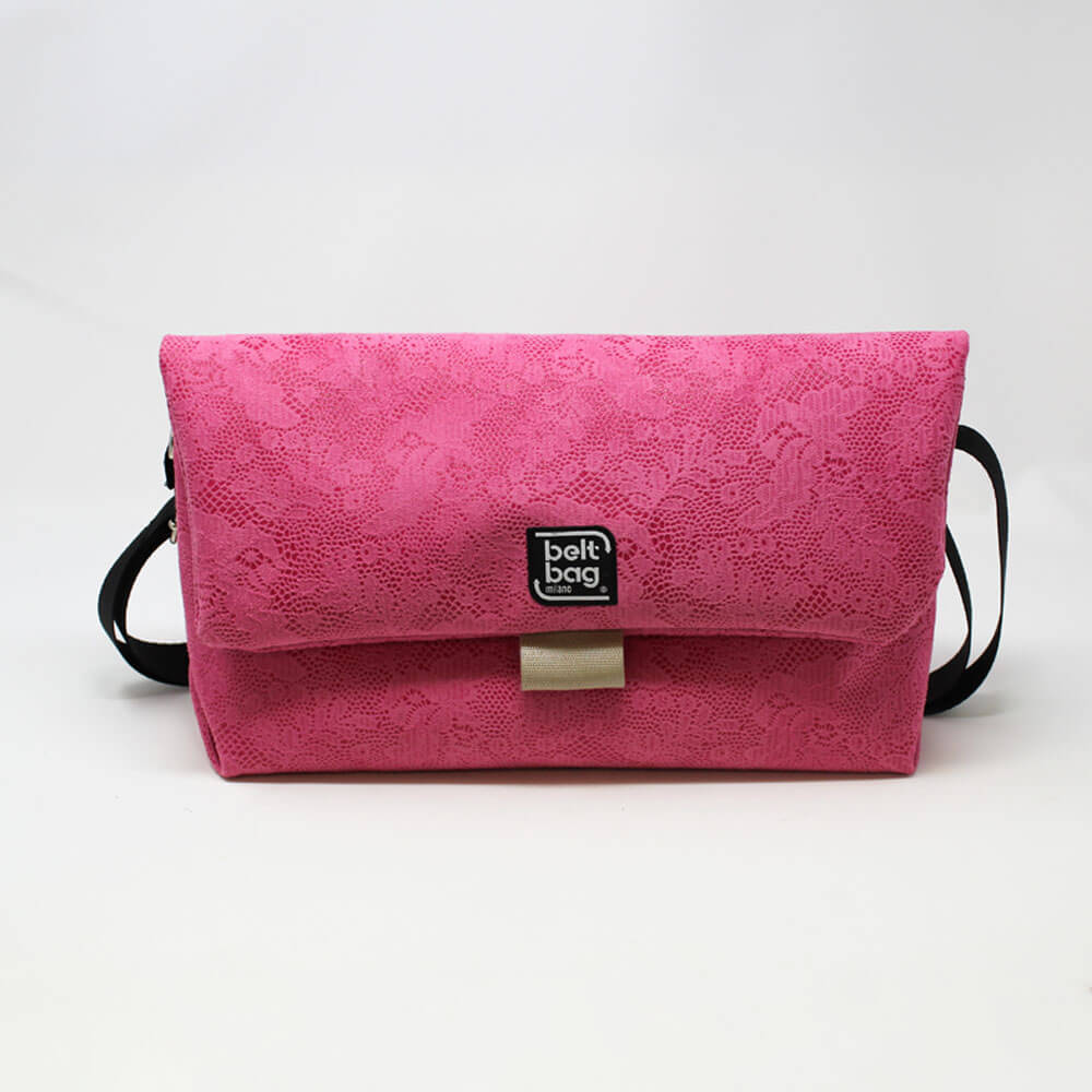 FLAP BG similpelle stampata fantasia floreale color rosa confetto con chiusura in cintura beige FRONT