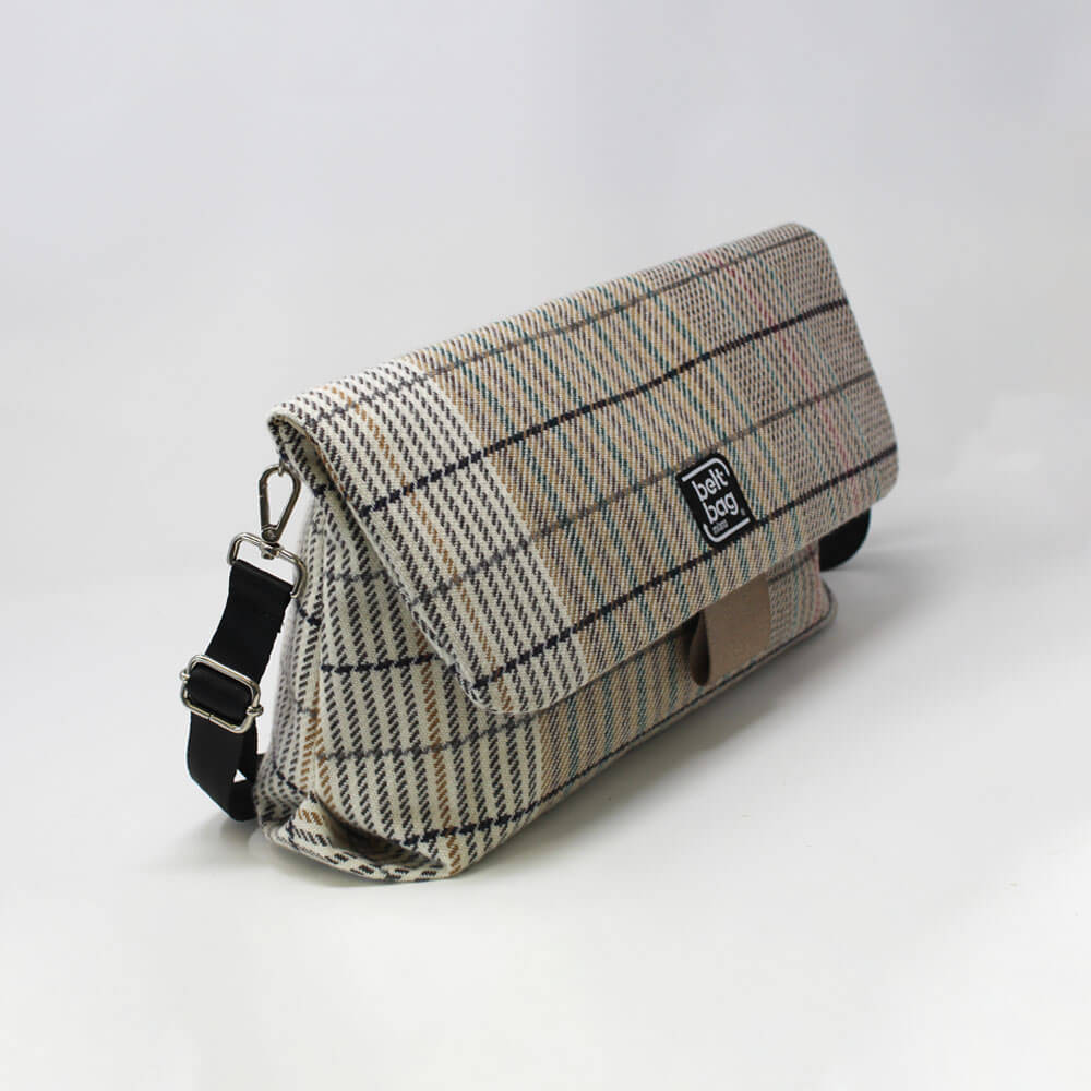FLAP BG tweed beige righe verde-rosso con chiusura in cintura oro LAT