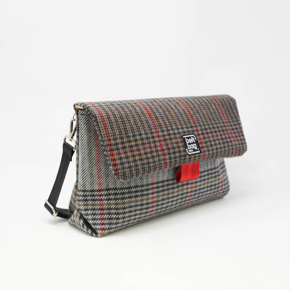 FLAP BG tweed marrone-verde-rosso con chiusura in cintura rossa LAT