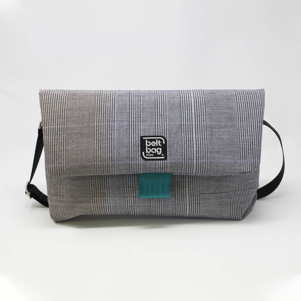 FLAP BG tweed scozzese bianco-grigio con chiusura in cintura acquamarina FRONT