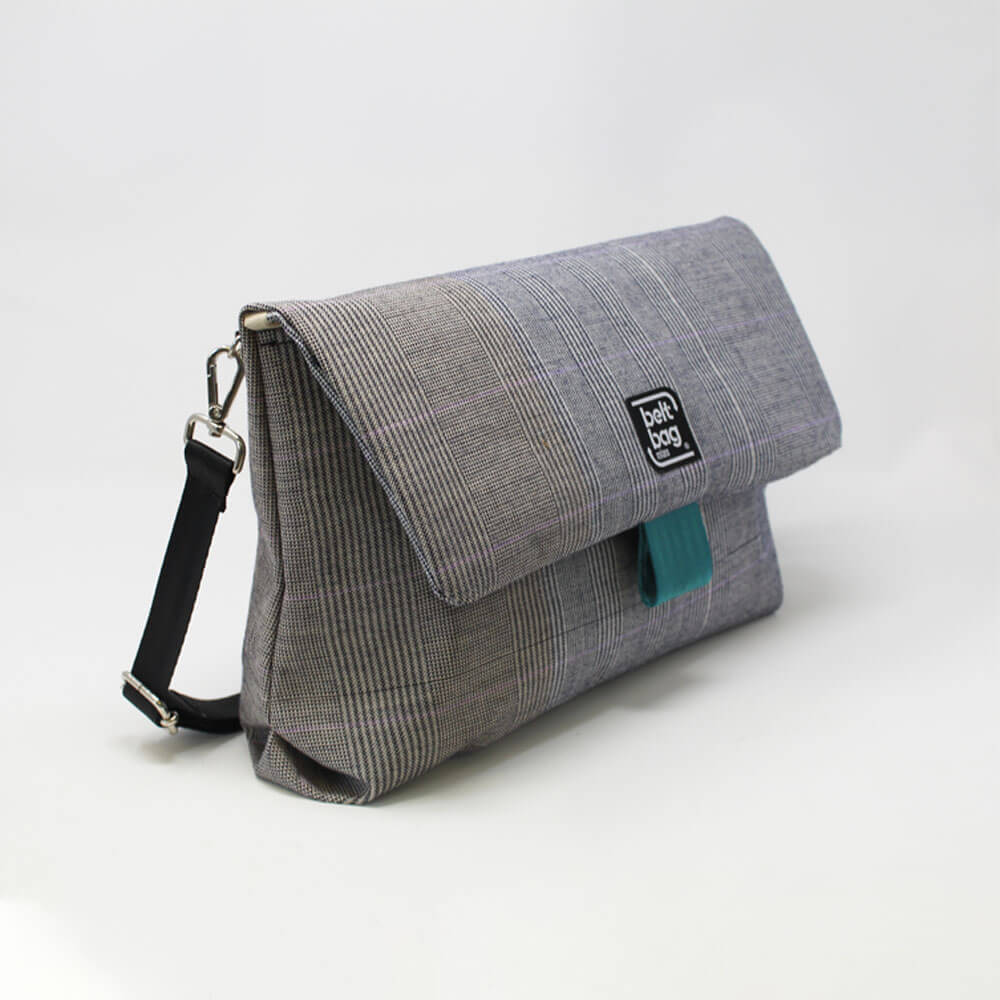 FLAP BG tweed scozzese bianco-grigio con chiusura in cintura acquamarina LAT