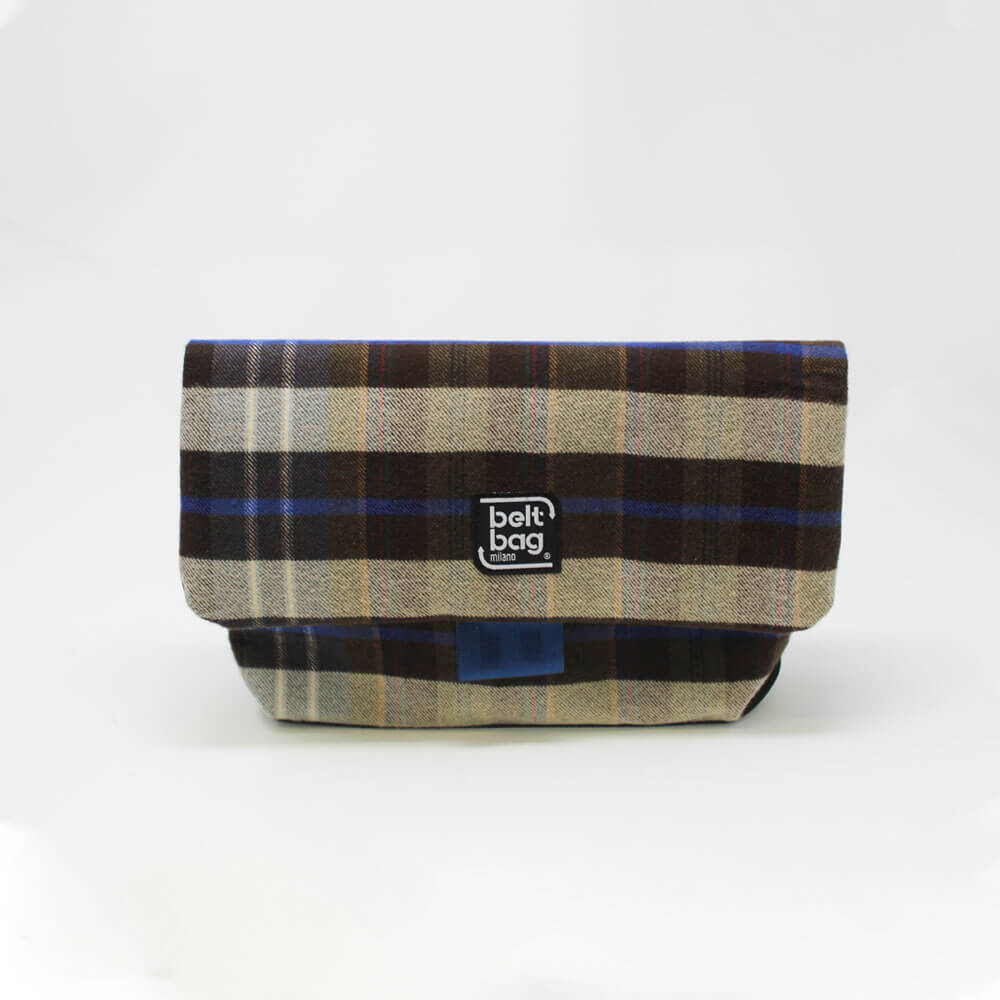 FLAP MD tartan beige-marrone-azzurro con chiusura in cintura azzurra FRONT