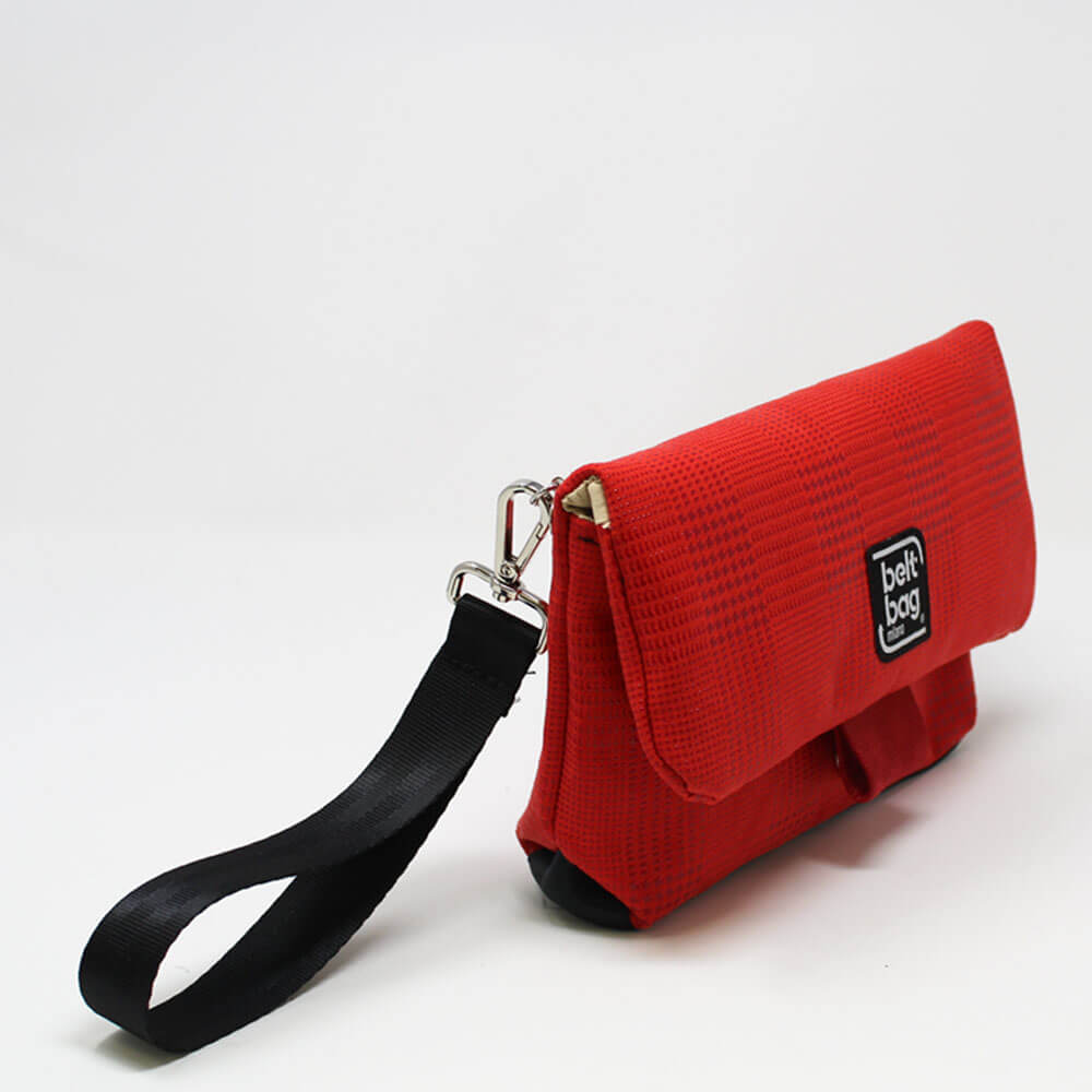 FLAP MN similpelle stampata tweed colore rosso con chiusura in cintura rossa LAT