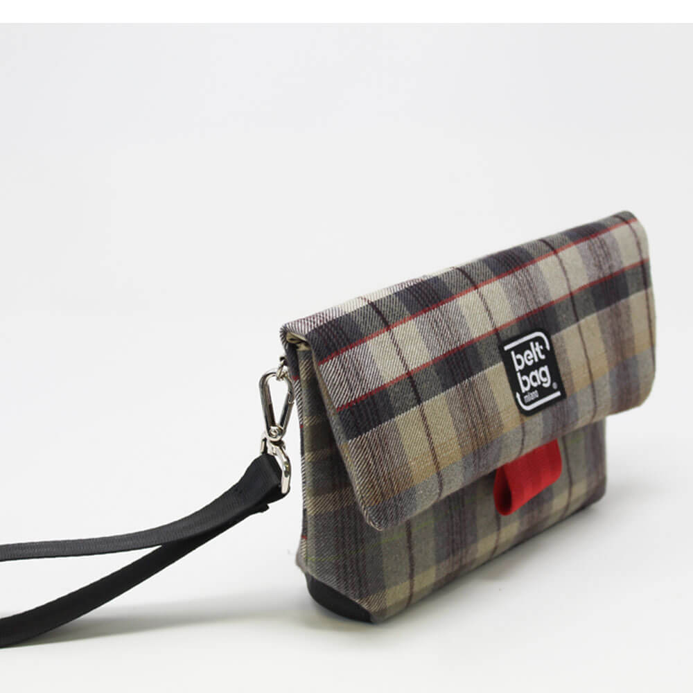 FLAP MN tartan beige-celeste-grigio scuro-righe rosse con chiusura in cintura rossa LAT