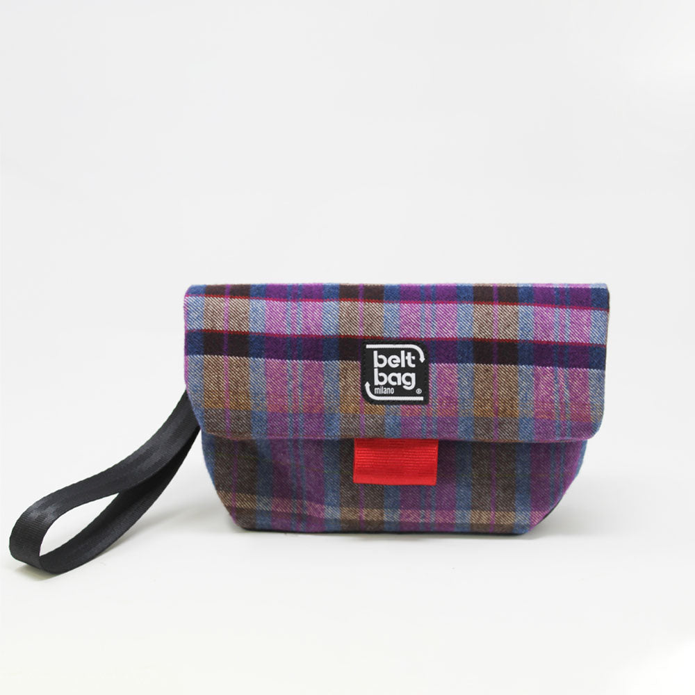 FLAP MN tartan viola-azzurro-senape con chiusura in cintura rossa FRONT