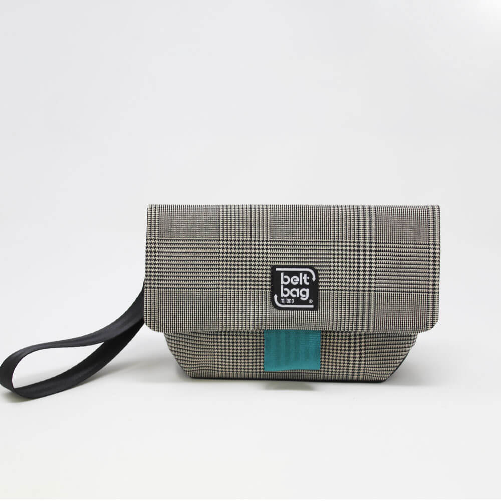 FLAP MN tweed scozzese bianco-nero con chiusura in cintura acquamarina FRONT