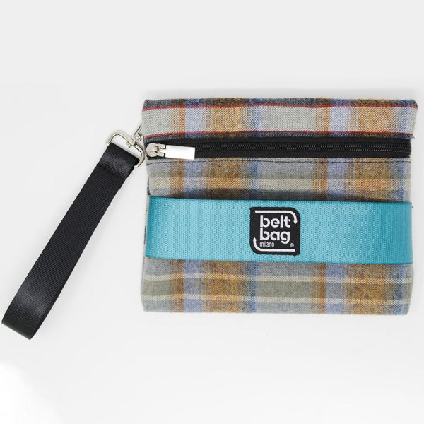 POCH F tartan celeste-marrone chiaro con cintura acquamarina