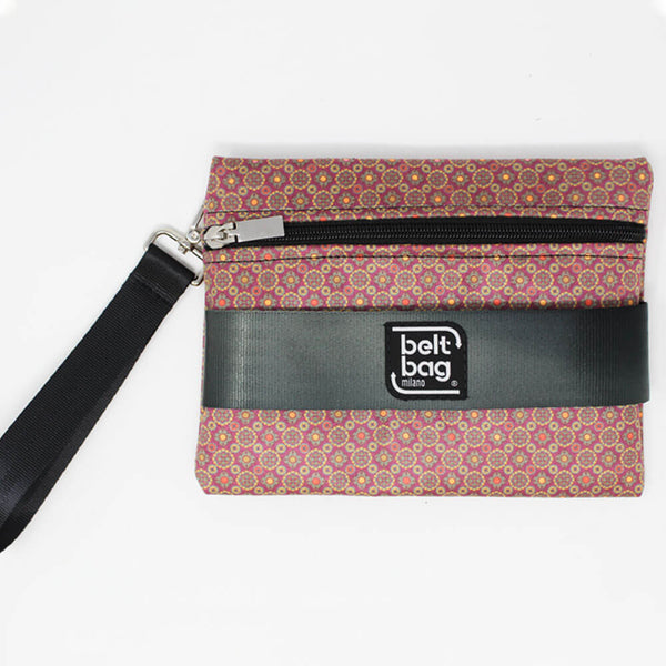 POUCH F similpelle scamosciata rosa con pallini rosso e arancio con cintura verde petrolio
