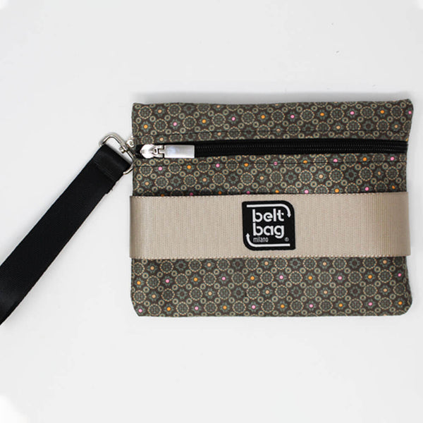 POUCH F similpelle scamosciata verde militare con pallini rosa e arancio con cintura oro