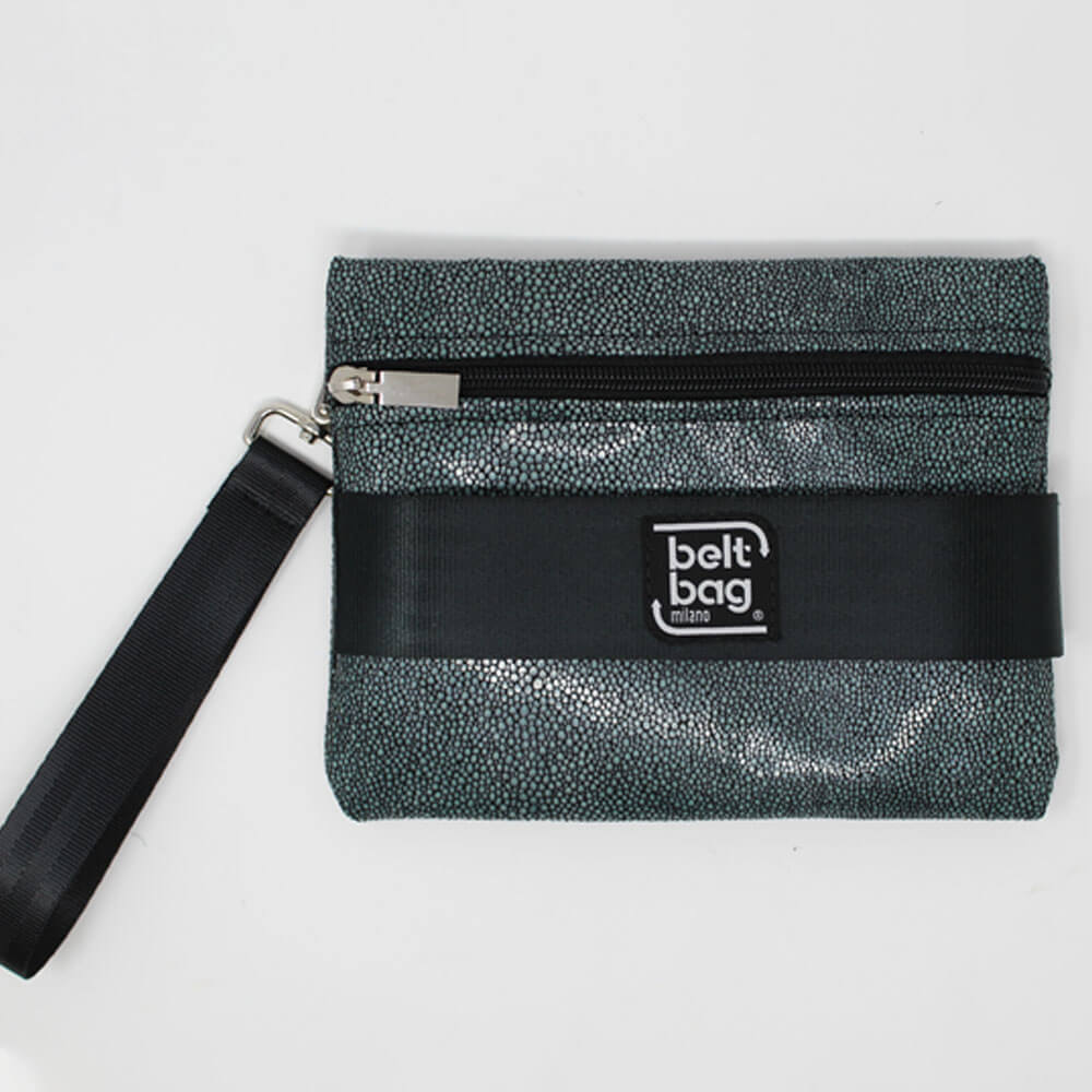 POUCH F similpelle stampata fantasia gocce colore acquamarina-nero con cintura nera