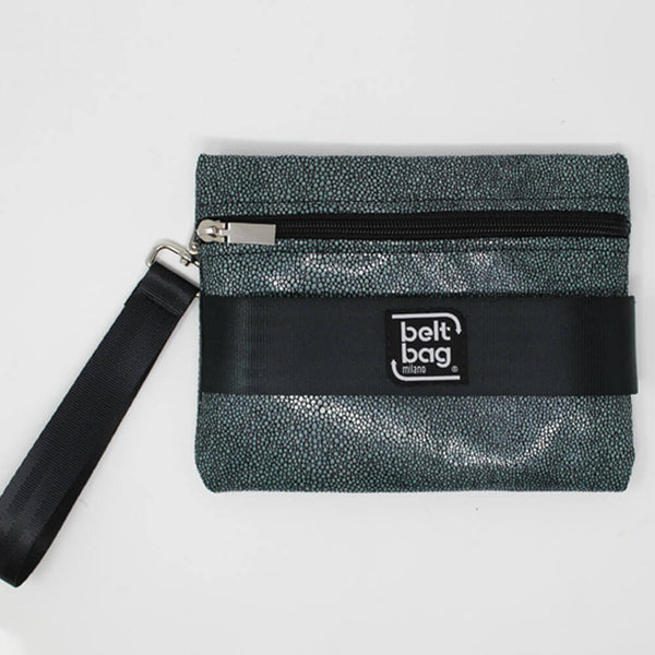 POUCH F similpelle stampata fantasia gocce colore acquamarina-nero con cintura nera