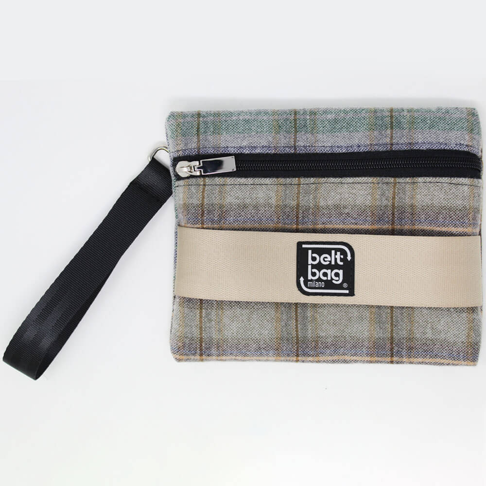 POUCH F tartan beige-marrone chiaro-verde chiaro con cintura beige