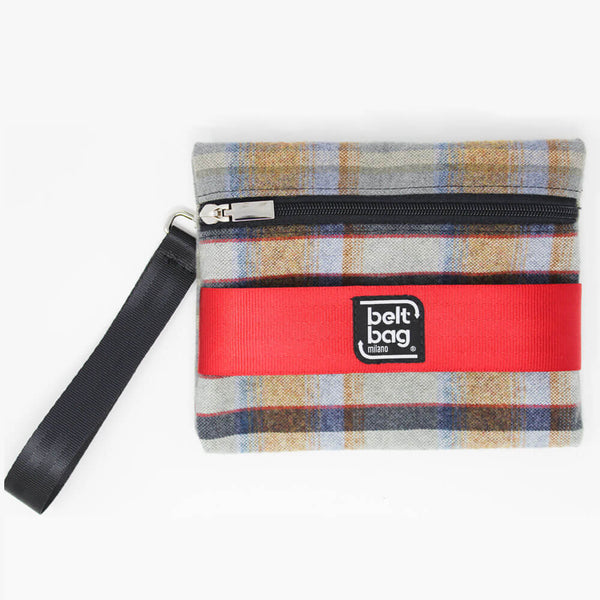 POUCH F tartan blu-celeste-arancio-righe rosse con cintura rossa