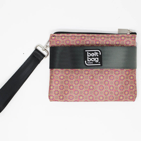 POUCH UP similpelle scamosciata fantasia rosa con pallini rosso e arancio con cintura verde petrolio