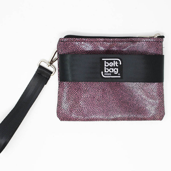POUCH UP similpelle stampata fantasia gocce colore rosa-nero con cintura nera