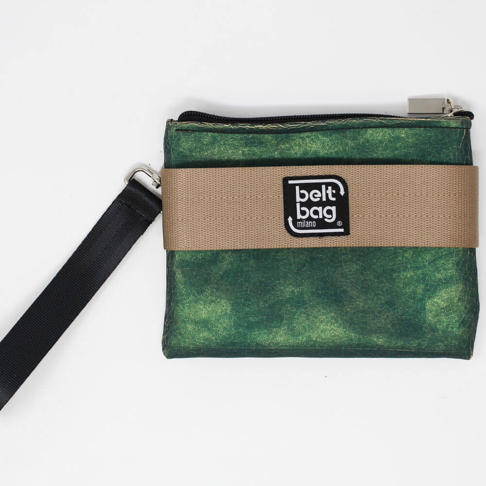 POUCH UP similpelle verde screziata in oro con cintura oro