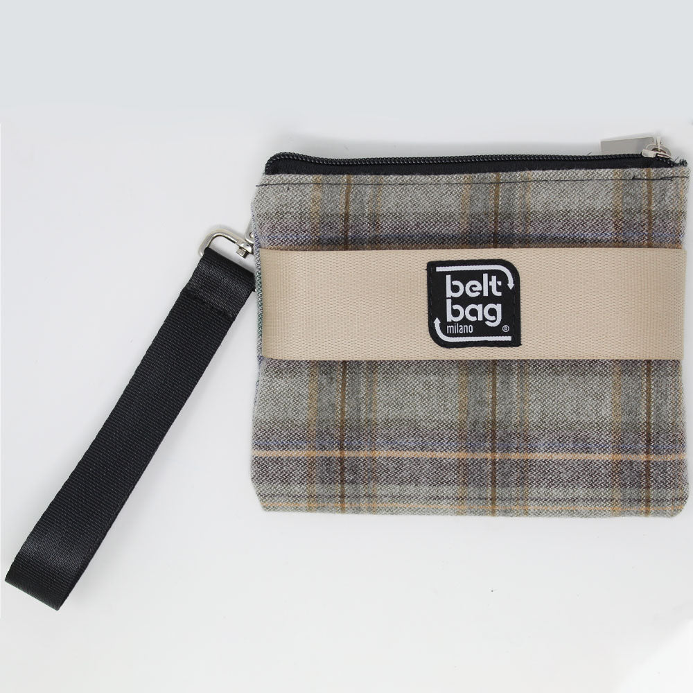 POUCH UP tartan beige-marrone chiaro-verde chiaro con cintura beige