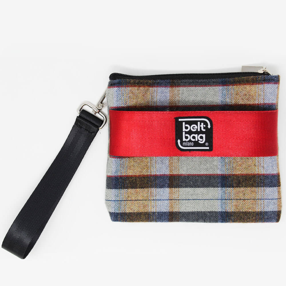 POUCH UP tartan blu-celeste-arancio-righe rosse con cintura rossa