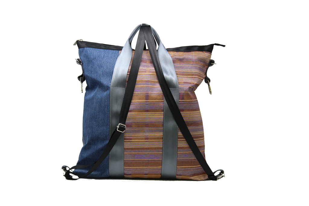 Borsa/zaino in jersey intreccio arancione e blu e jeansBorsa/zaino in jersey intreccio arancione e blu e jeans