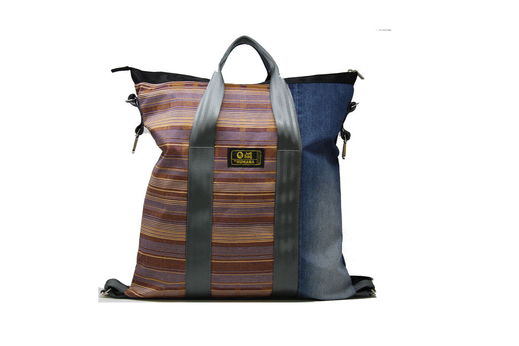 Borsa/zaino in jersey intreccio arancione e blu e jeans