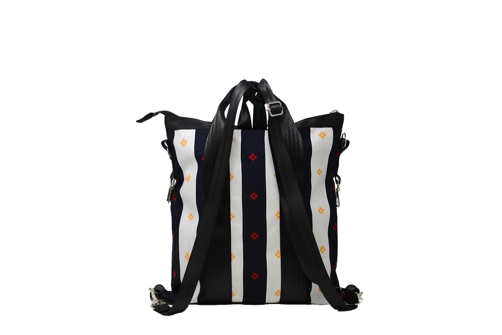 borsa/zaino in jersey a righe blu e bianche