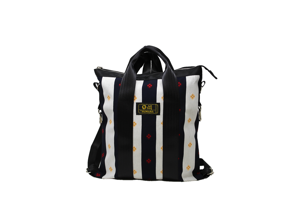 borsa/zaino in jersey a righe blu e bianche
