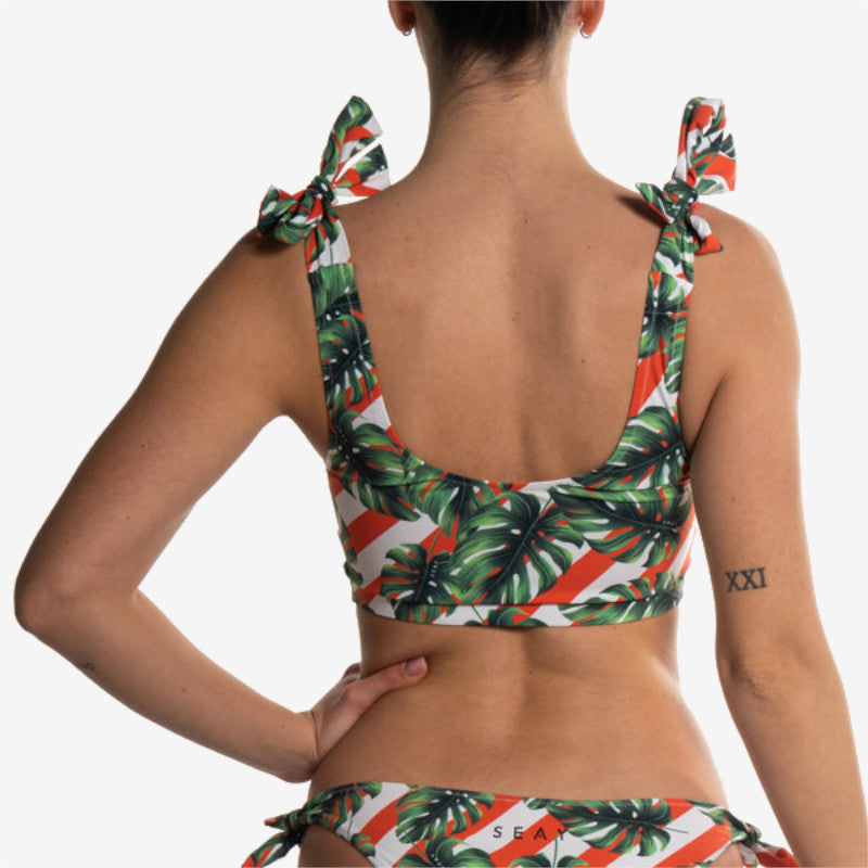 halter bra monstera stripes back
