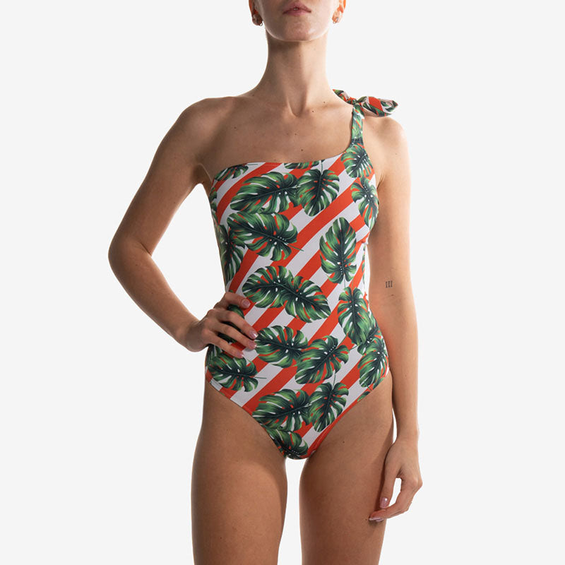 one shoulder one piece costume intero monospalla monstera stripes front