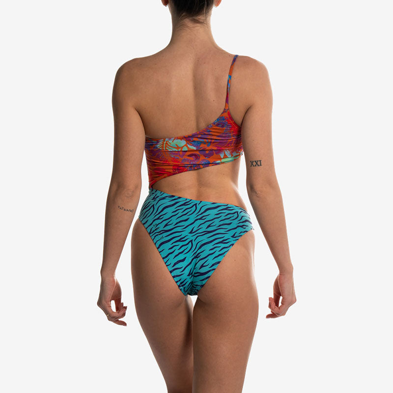 one piece orange flower blue tiger costume intero back