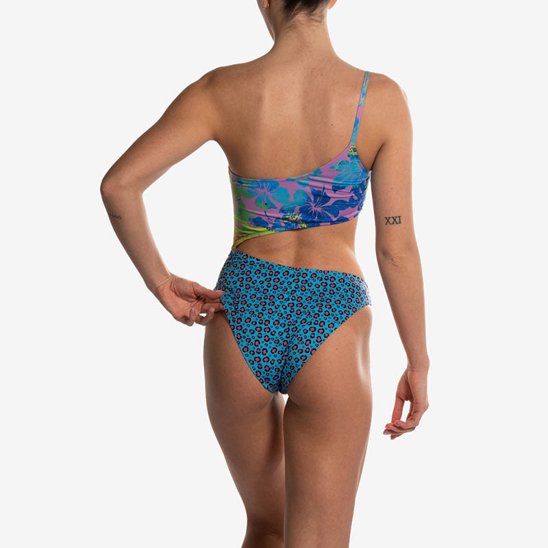 one piece pink flower blue ocelot costume intero back
