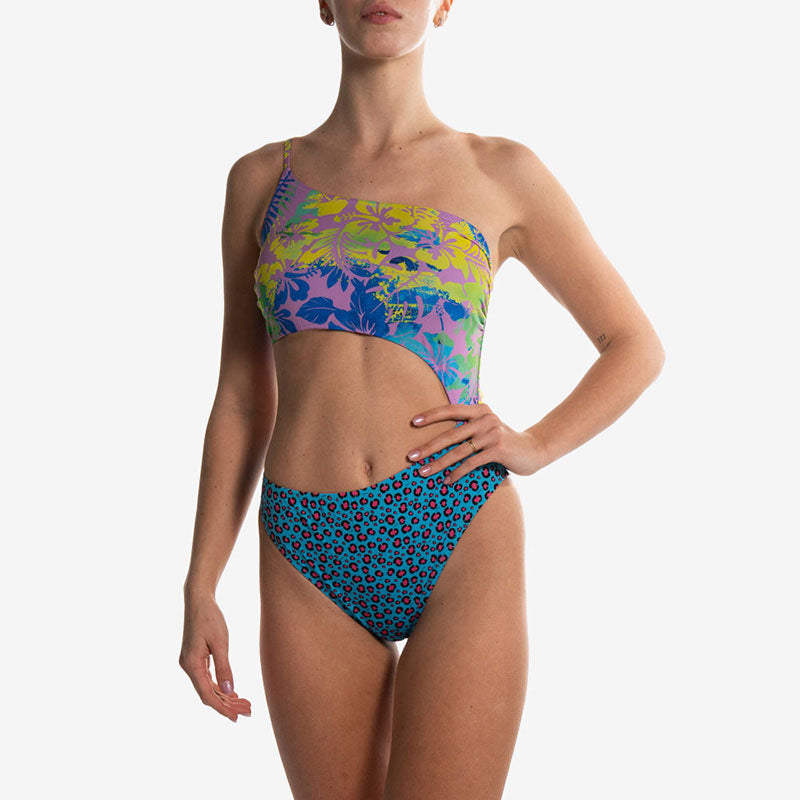 one piece pink flower blue ocelot costume intero front