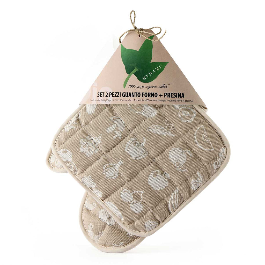 set due pezzi: guanto e presina Mymami in cotone biologico fruits nocciola