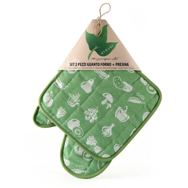set due pezzi: guanto e presina Mymami in cotone biologico fruits verde